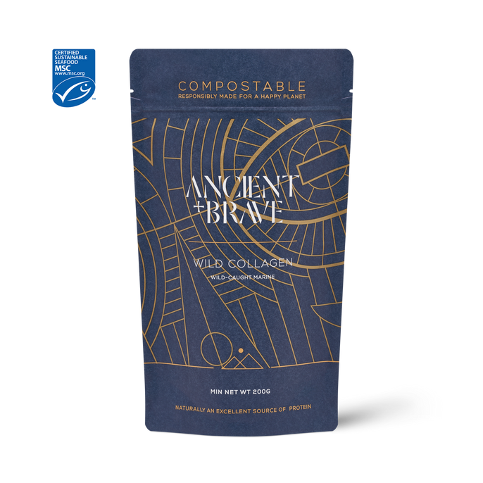 Type I hydrolysed marine collagen powder from Ancient and Brave in compostable pouch