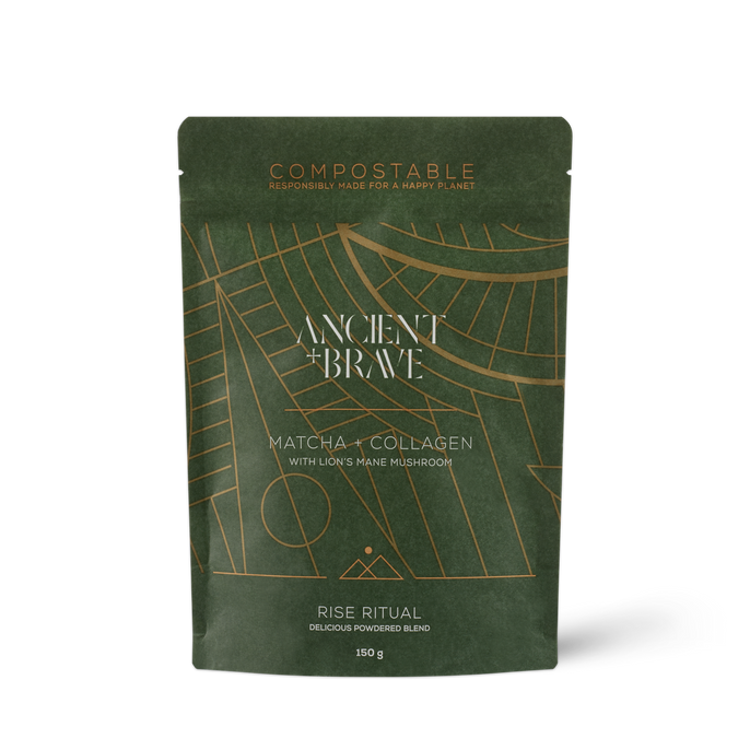 Compostable pouch of bovine collagen powder with organic matcha from Ancient and Brave