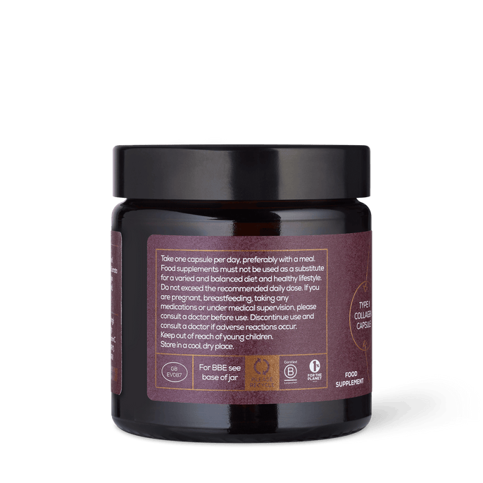 Jar of type II hydrolysed collagen capsules from Ancient and Brave