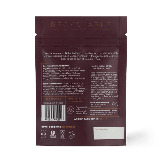 Recyclable pouch of type II hydrolysed collagen capsules from Ancient and Brave