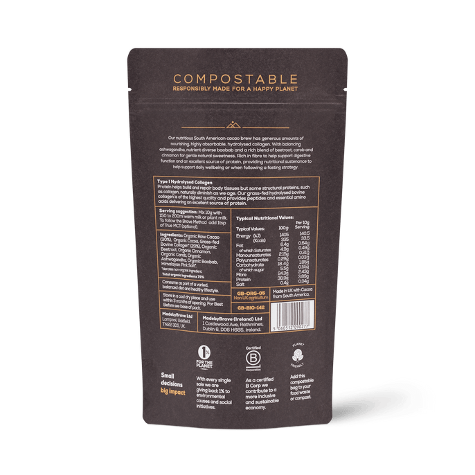 Compostable pouch of raw cacao with type II hydrolysed bovine collagen peptides