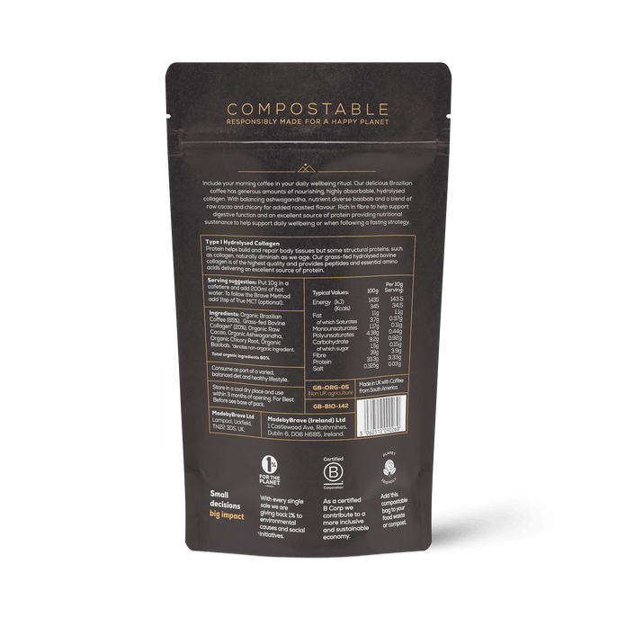 Compostable pouch of organic Brazilian coffee with hydrolysed bovine collagen from Ancient and Brave