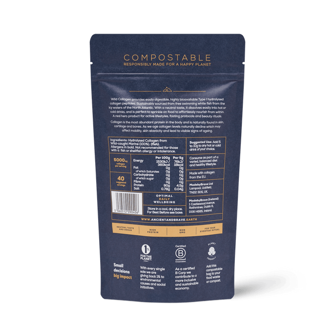 Type I hydrolysed marine collagen powder from Ancient and Brave in compostable pouch