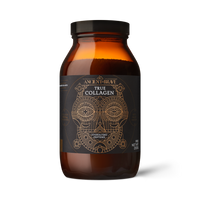 A jar of Ancient + Brave True Collagen, with a black label featuring a skull illustration.