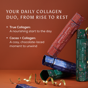 Three branded collagen gift christmas crackers in red, blue, and green are arranged on a warm brown background with promotional text reading 'YOUR DAILY COLLAGEN DUO, FROM RISE TO REST.'.
