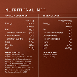 Nutritional information table for the Radiance + Restore Cracker, including Cacao + Collagen and True Collagen, detailing energy, fat, carbohydrate, fibre, protein, and salt content alongside the ingredient lists for both products.
