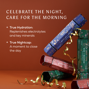 A promotional graphic for a skincare gift set showing several decorative christmas crackers arranged on a warm brown background with gold ribbon streamers. White text on the left reads, 'CELEBRATE THE NIGHT, CARE FOR THE MORNING' with bullet points about true hydration and true nightcap.