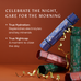 A promotional graphic for a skincare gift set showing several decorative christmas crackers arranged on a warm brown background with gold ribbon streamers. White text on the left reads, 'CELEBRATE THE NIGHT, CARE FOR THE MORNING' with bullet points about true hydration and true nightcap.
