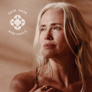 Woman with blonde hair against a beige background with 'Skin, Hair and Nails' logo.