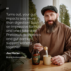 Joe Marler pouring a True Biome into a mug with text overlay saying 'Such an impressive formula and one I take daily.'