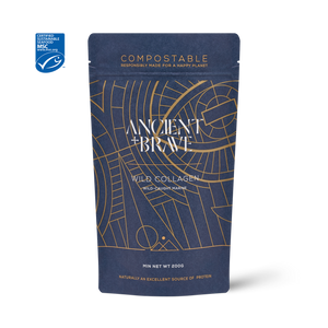 Type I hydrolysed marine collagen powder from Ancient and Brave in compostable pouch