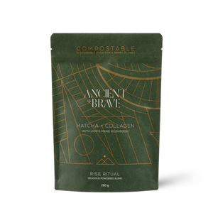 Compostable pouch of bovine collagen powder with organic matcha from Ancient and Brave