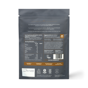 The back of a True Creatine+ black pouch displays white and orange text with nutritional info, suggested use, ingredients for muscle and cognitive health, certifications, branding, and several icons and logos at the bottom.