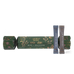 An Ancient + Brave Rise + Recover Cracker, a decorative green cardboard luxury wellbeing Christmas cracker adorned with gold botanical illustrations, accompanied by two individual creatine supplement sachets.