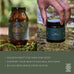 Two jars of a natural supplement on a green background with text about nourishment for mind and body.