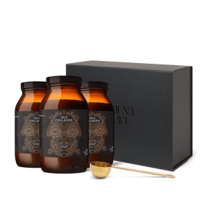 3 amber glass jars of True Collagen with a black gift box in the background, and a gold ritual scoop from Ancient and Brave