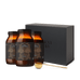 3 amber glass jars of True Collagen with a black gift box in the background, and a gold ritual scoop from Ancient and Brave