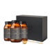 3 amber glass jars of True Creatine+ with a black gift box in the background, and a gold ritual scoop from Ancient and Brave