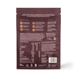 Back view of protein powder package with text and nutrition information on a white background