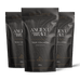 Three stand-up pouches of Ancient + Brave's True Collagen powder arranged in a fan shape against a solid black background. The packaging is dark grey with white text and gold accents.