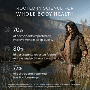 An informational marketing graphic with text about whole body health benefits over a scenic outdoor background of a woman standing in shallow water near reeds.