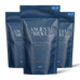 Three blue stand-up pouches of Ancient + Brave's Wild Collagen arranged in a fan shape against a black background. The center pouch is fully visible, with two partially visible pouches on each side.