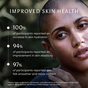 A close-up portrait of a woman with a shaved head on a dark blurred background, with text overlays reading 'IMPROVED SKIN HEALTH' and statistics about increased skin hydration, elasticity, and smoothness from a clinical study.