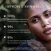 A close-up portrait of a woman with a shaved head on a dark blurred background, with text overlays reading 'IMPROVED SKIN HEALTH' and statistics about increased skin hydration, elasticity, and smoothness from a clinical study.