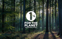 Forest scene with '1% for the Planet' logo overlay