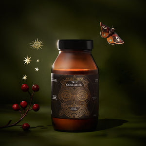 True Collagen Ritual Gift Set featuring an amber glass jar of hydrolysed bovine collagen powder with a geometric label, a small branch of red berries, gold star accents, and a butterfly.