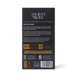 Jar of hydrolysed bovine collagen peptides from Ancient and Brave, back of the box