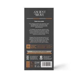 true collagen sachet by Ancient + Brave featured in a black box with gold lettering and image