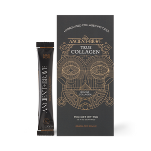 true collagen sachet by Ancient + Brave featured in a black box with gold lettering and image