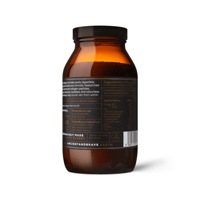 Jar of hydrolysed bovine collagen peptides from Ancient and Brave, back label