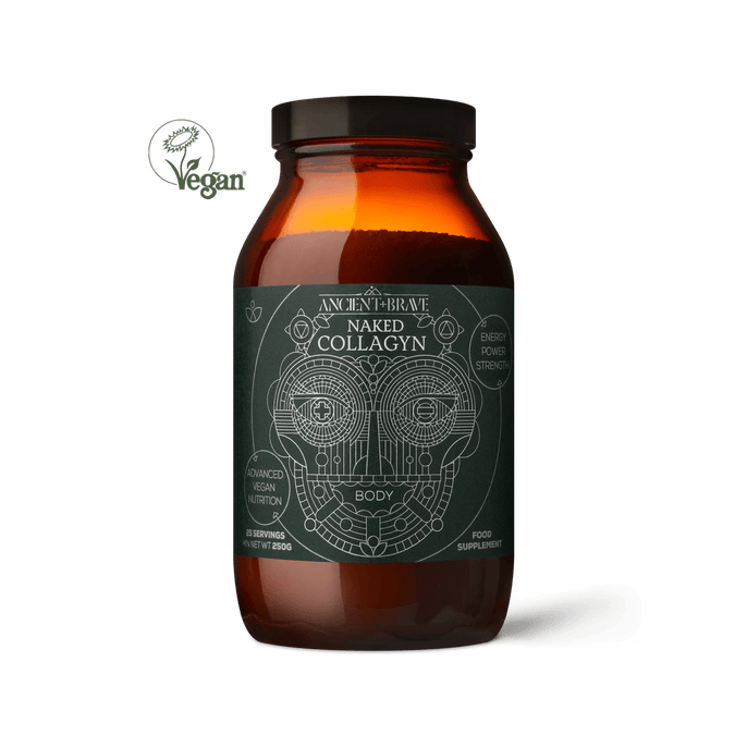 Bottle of vegan, plant based tasteless collagen powder from Ancient and Brave